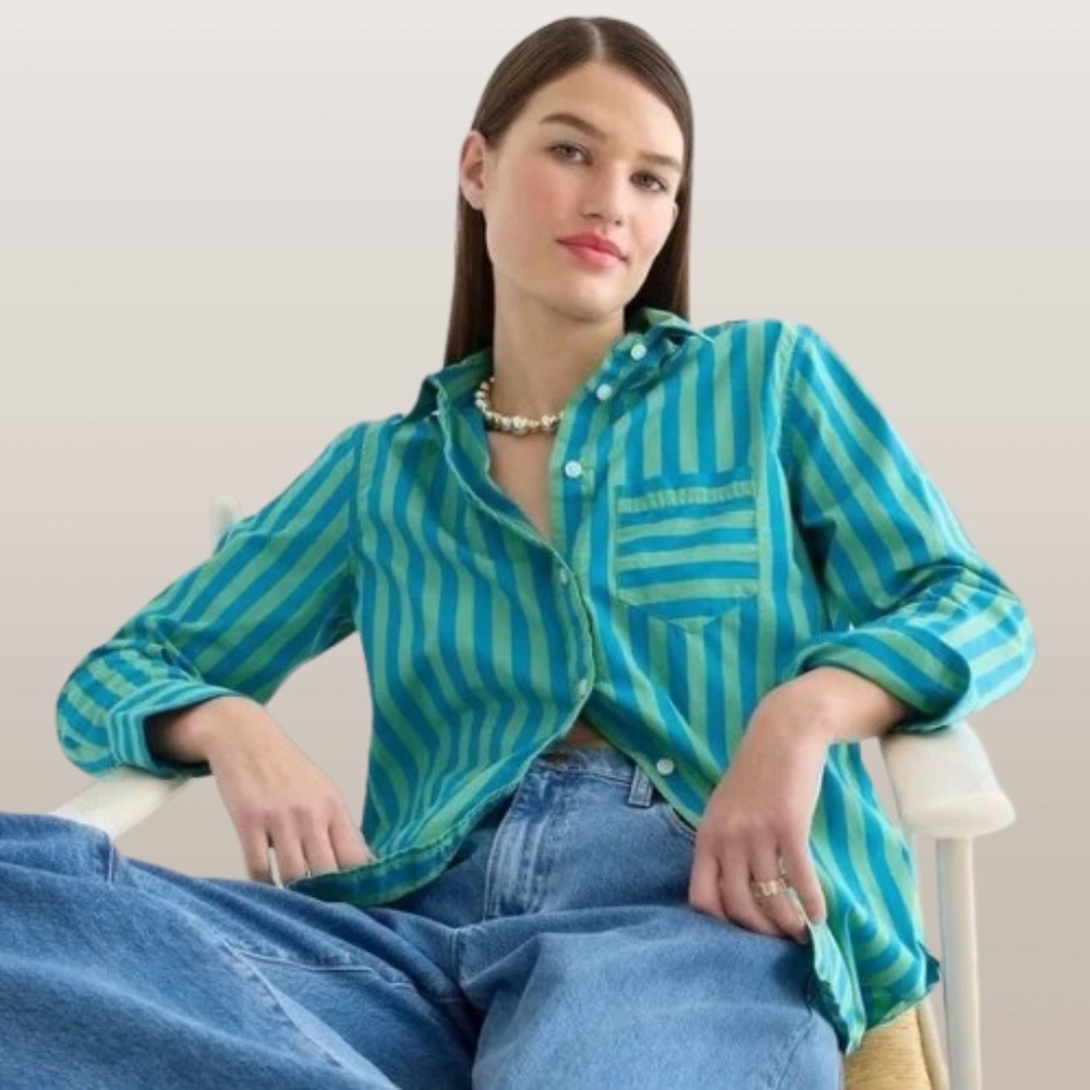 J.Crew Classic-fit cotton poplin shirt in blue and green stripe